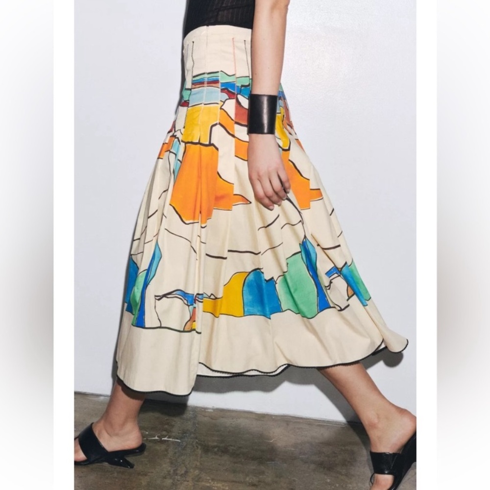 ZARA Printed Pleated Midi Skirt Colorful Abstract Painting Medium, NWOT - Picture 2 of 12